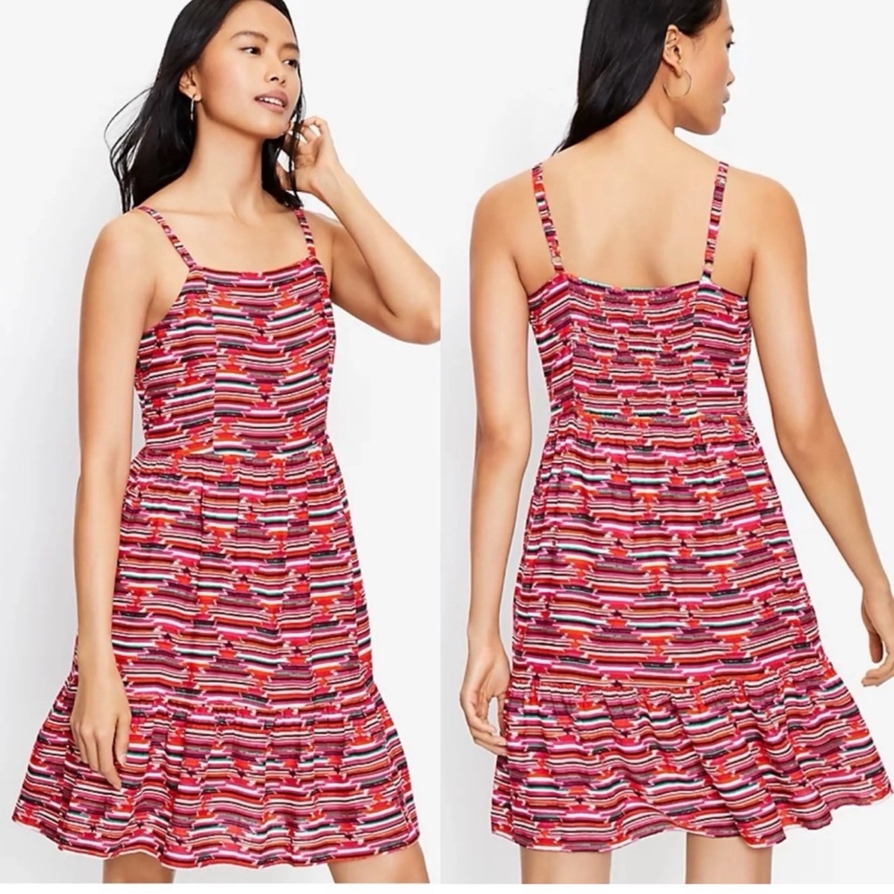 LOFT Red Pink Striped Spaghetti-Strap Mini Dress